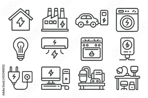 Energy icon set. home essentials linear icons: house, factory, car, plug, bulb vector icons.
