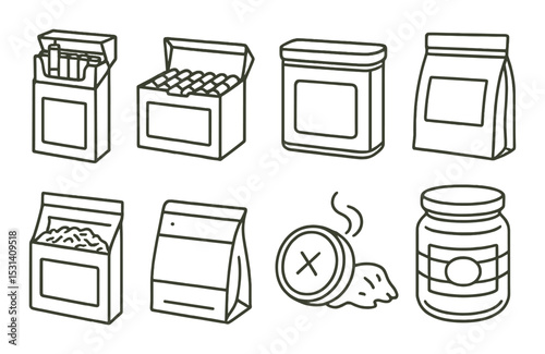 Food packaging set. linear boxes, bags, jars, containers, tin, products, vector icons.