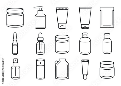 Cosmetic container set. skincare packaging linear bottles, tubes, jars, ampoules vector icons.