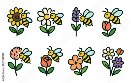 Bee flower set. garden nature flat honeybee, sunflower, daisy, lavender vector icons.