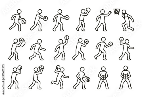 Basketball action set. sports silhouette players. dunk, dribble, shoot, pass vector icons.