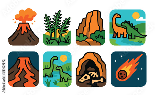 Dinosaur icon set. prehistoric flat icons: volcano, fern, dinosaur, cave, meteor vector icons.