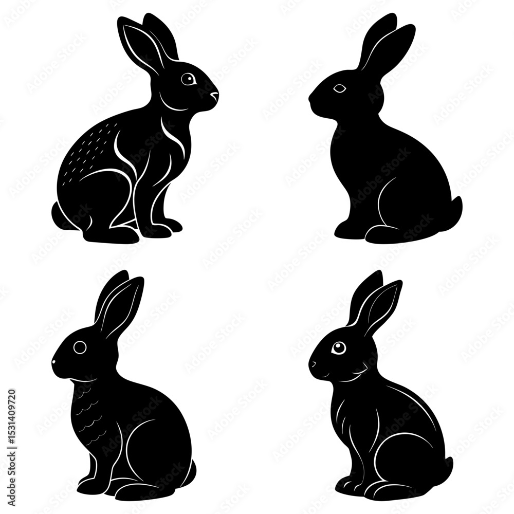 Fototapeta premium Four black rabbits in various poses against a white background in a symmetrical arrangement style image