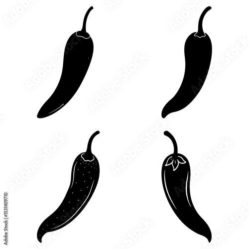 Four black chili peppers with varying designs arranged in a square on a white background image view