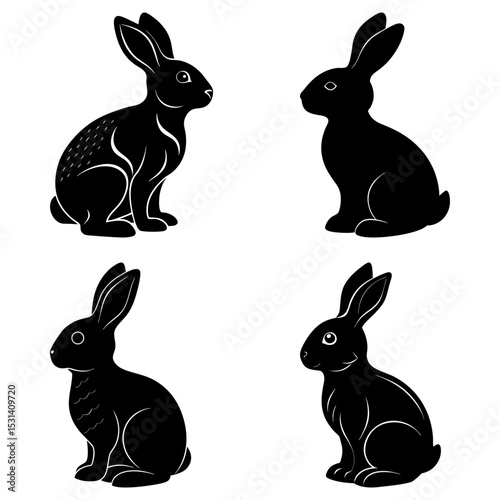 Four black rabbits in various poses against a white background in a symmetrical arrangement style image