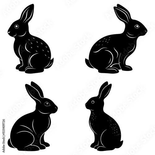 Four black rabbits in different poses on a white background in a simple vector illustration style