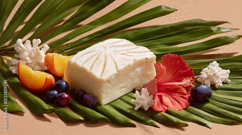 A summer island cheese spread with palm leaf, coral detail, and minimal fruit pairings