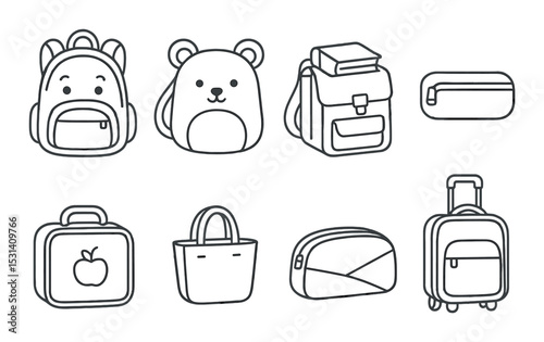 Backpack icon set. school bags, kids, suitcase, linear style. tote, lunchbox vector icons.