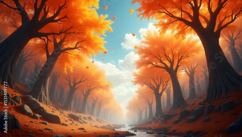 Vivid autumn forest landscape depicting scenic path with vibrant foliage and trees