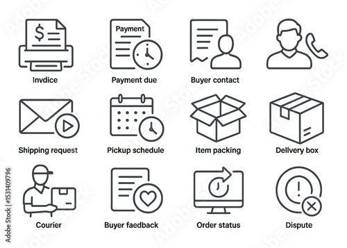 Invoice and payment set. delivery, shipping, feedback, box, courier flat vector icons.
