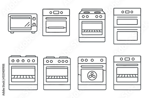 Oven set: kitchen appliance flat style. toaster, conventional, fan, double oven vector icons.