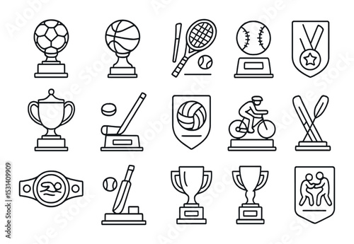 Sports award icon set. trophy, basketball, tennis, cycling, flat style vector icons.