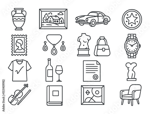 Art and culture icon set. linear design: vase, painting, car, trophy, fashion, clock vector icons.
