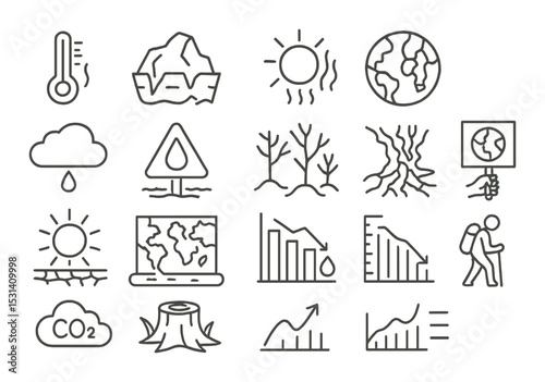 Climate change set. global warming linear icons. temperature, earth, rain, co2, growth, crisis vector icons.