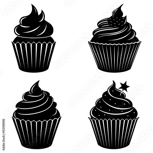 Four black and white cupcake illustrations with different toppings and decorative elements displayed