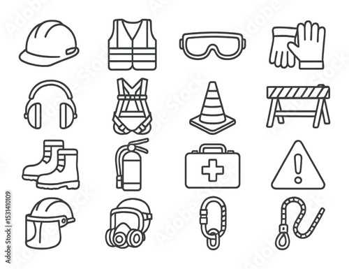 Safety gear set. construction protection linear icons. helmet, vest, gloves, boots vector icons.