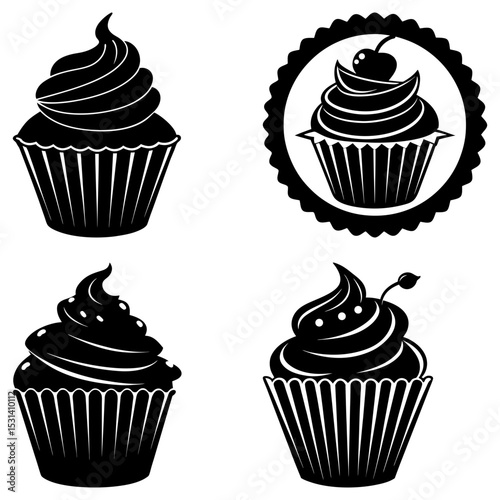 Four black and white cupcakes with different toppings and designs on a white background in a simple style