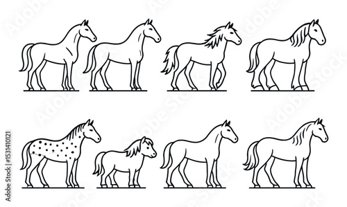 Horse set. farm animal silhouette horses. stallion, pony, mare, foal, draft, riding vector icons.