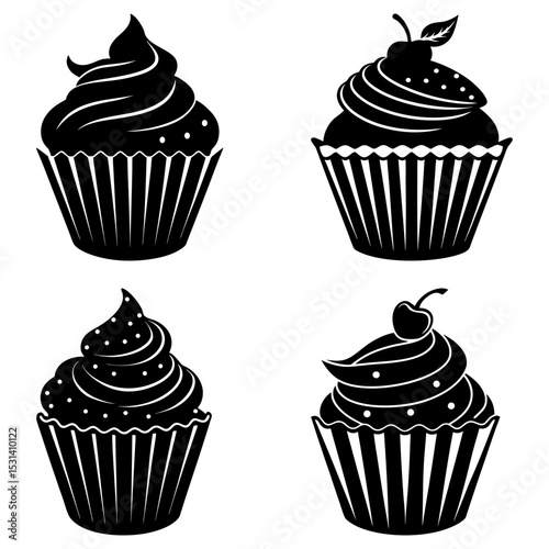 Four black and white cupcake illustrations with frosting and cherry toppings in vector format design style