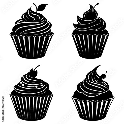 Four cupcakes with various toppings in black and white vector illustration for dessert themed designs