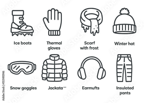 Winter clothing set. cold weather linear icons. ice boots, gloves, hat, pants vector icons.