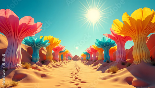 Whimsical desert landscape with colorful floral trees under a bright shining sun and clear blue sky