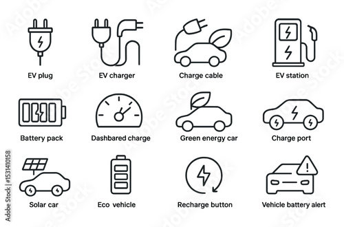 Electric vehicle set. flat ev charger, plug, battery, solar car, and eco icons vector icons.