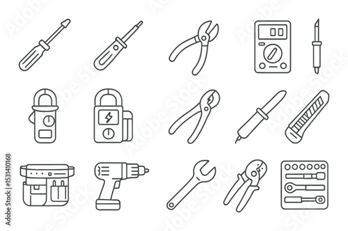 Tool icons set. repair and maintenance linear tools. screwdriver, wrench, pliers vector icons.