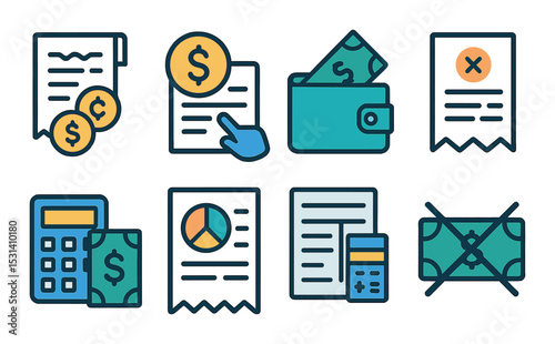 Finance document set. budget, invoice, receipt, calculator, wallet flat vector icons