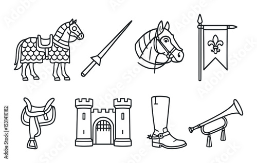Medieval knight set. flat emblems: horse, lance, castle, flag, trumpet, saddle vector icons