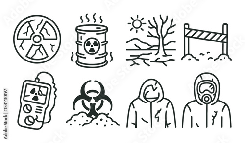 Radiation hazard icon set. nuclear warning linear icons: barrel, biohazard, suit, detector vector icons.