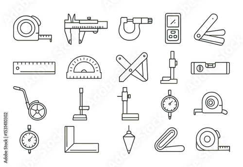 Measuring tool set. linear tools: caliper, ruler, level, protractor, wheel vector icons