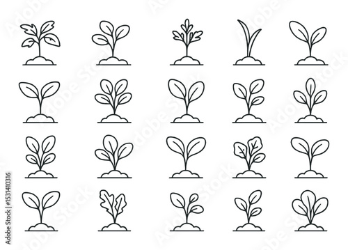 Plant set. garden decoration linear foliage: leaves, grass, sapling, tree vector icons.