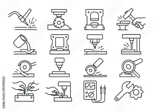 Industrial tool set. manufacturing linear tools. welding, milling, casting, lathe, vector icons.