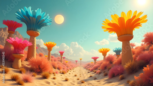 Whimsical landscape of fantasy desert with surreal colorful flowers and bright sunshine