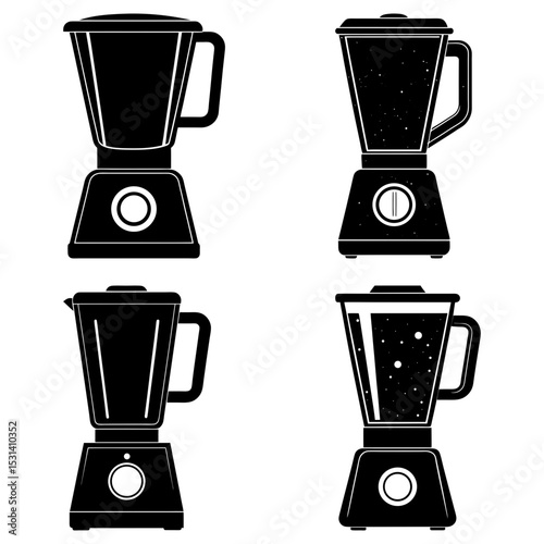 Four black and white blender illustrations in a grid pattern on a white background design style