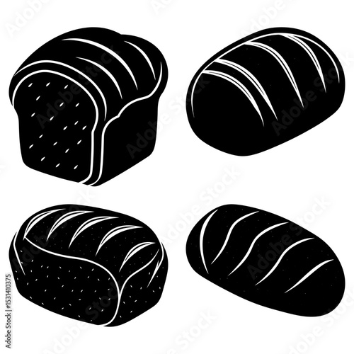 Four loaves of bread in black and white with different shapes and crust designs on a white background