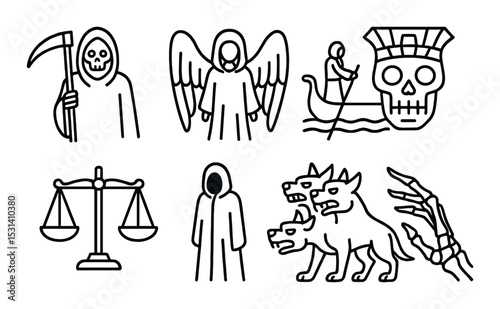 Graveyard icons set. halloween linear symbols: grim reaper, angel, skull, hades vector icons.