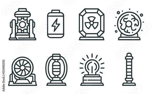 Energy and safety set. linear generator, battery, radiation, fan, lamp vector icons.