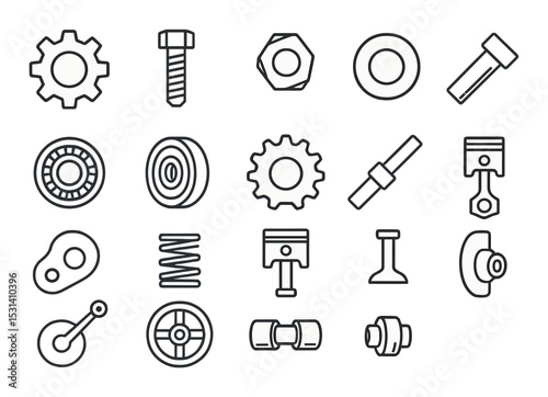 Mechanical parts set. industrial tools linear icons. gear, bolt, piston, valve vector icons.