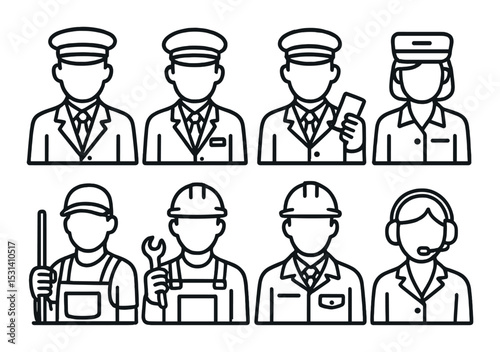 Uniformed professional set. occupation line art including chef, doctor, engineer vector icons