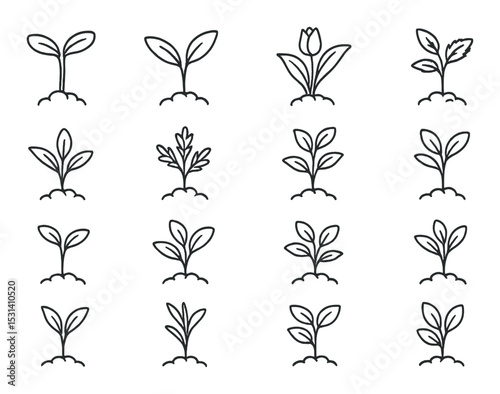 Plant seedling set. botanical gardening linear sprouts. leaf, bud, sapling, flower vector icons.