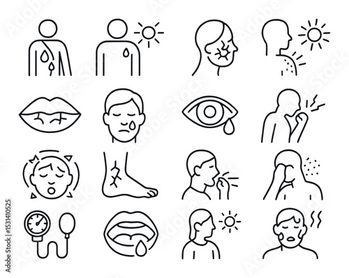 Allergy symptom set. health linear icons: sneezing, itch, swelling, rash, cough vector icons.