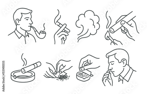 Smoking set. tobacco habits linear icons. pipe, cigar, smoke, ashtray, match, rolling vector icons.
