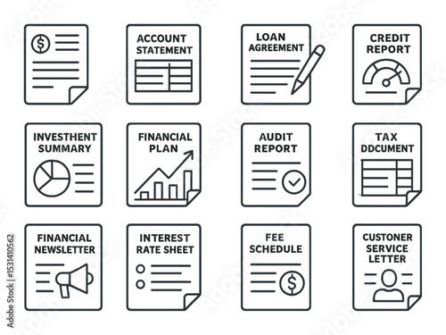 Document icon set. business financial linear documents: account, loan, tax, report vector icons.