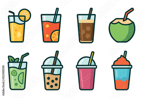 Beverage set. refreshing drinks flat icons. lemonade, coffee, coconut, smoothie vector icons.