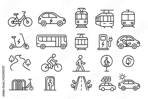 Transportation set. eco transport linear icons. car, bicycle, bus, tram, scooter vector icons.