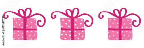  Hand drawn cute gift box icon set. Gift box with a ribbon and bow. Hand-drawn, minimalist style perfect for use in holiday cards, celebration invitations, birthdays, Christmas, New Year, or any. 