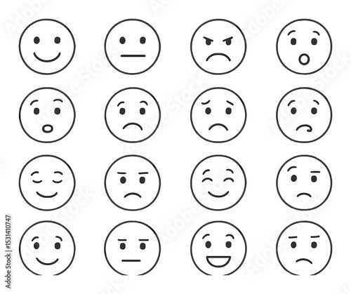 Emoticon set. expressive round faces in flat style. smile, frown, wink, laugh, surprised vector icons.