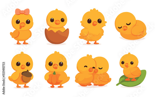 Chick set. cute cartoon chicks collection. egg, bow, leaf, pumpkin, acorn, cuddle vector icons.